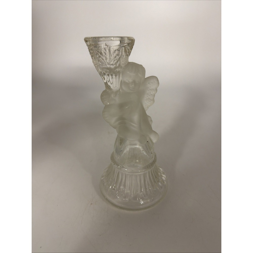 Vintage Clear Glass Frosted Cherub Candle Stick Holders 6 1/2" H Tapered